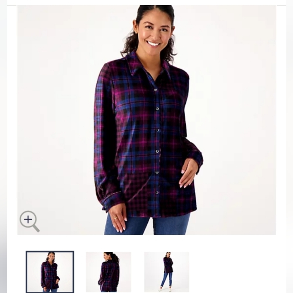 Susan Graver Weekend Plaid Knit Corduroy Button Up Shirt Plum/ink med